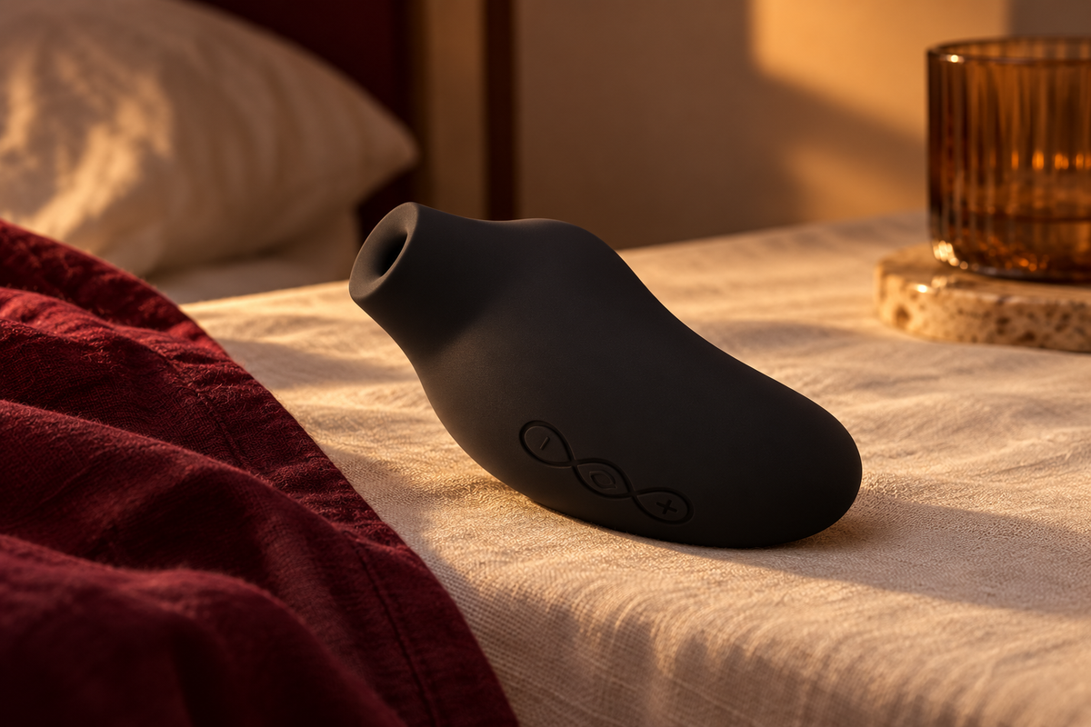 Black SONA massager resting on ivory linen beside burgundy fabric and an amber glass in evening light.