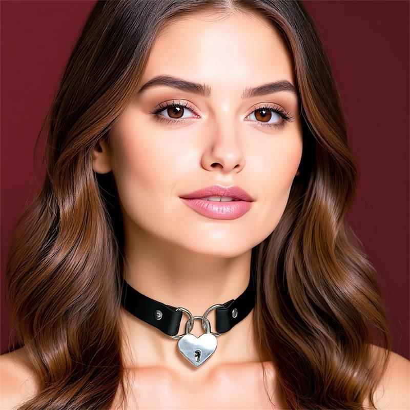 Collar with Heart Lock Vegan Leather One Size