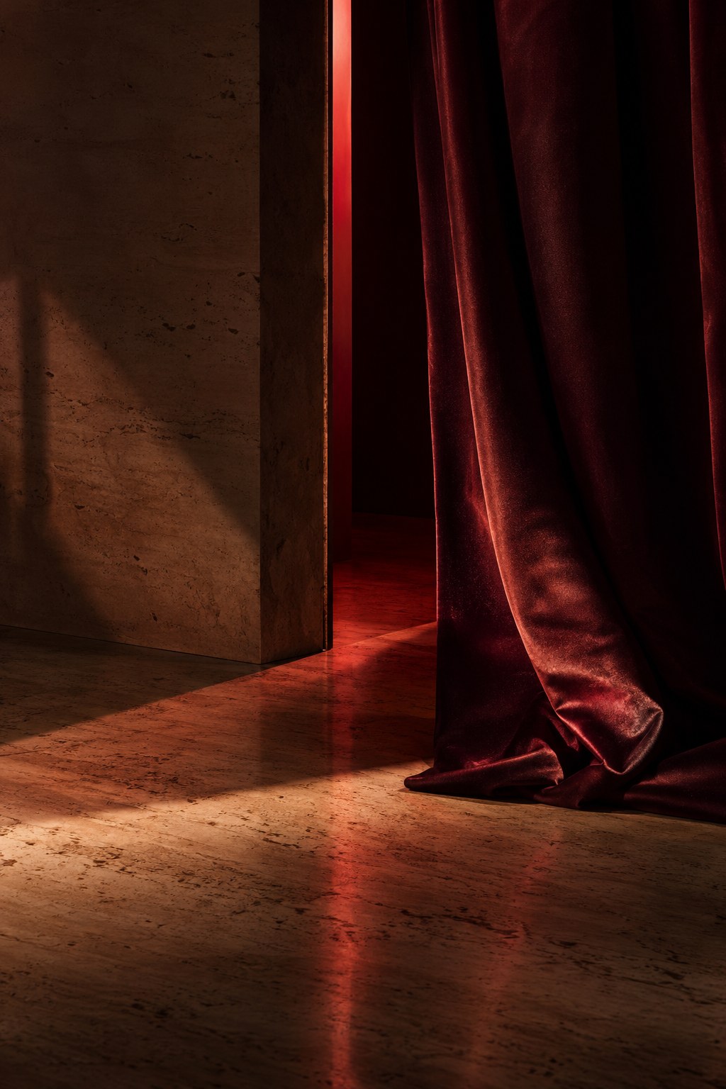 Burgundy satin curtain and red light beside a warm stone doorway.