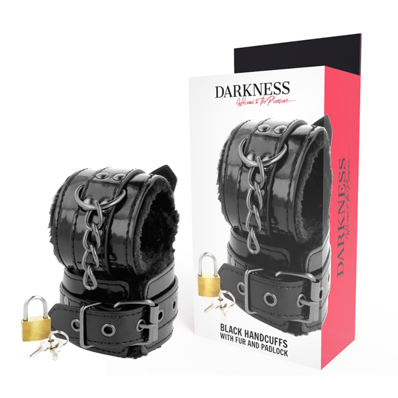 DARKNESS BONDAGE Black adjustable leather handcuffs with padlock